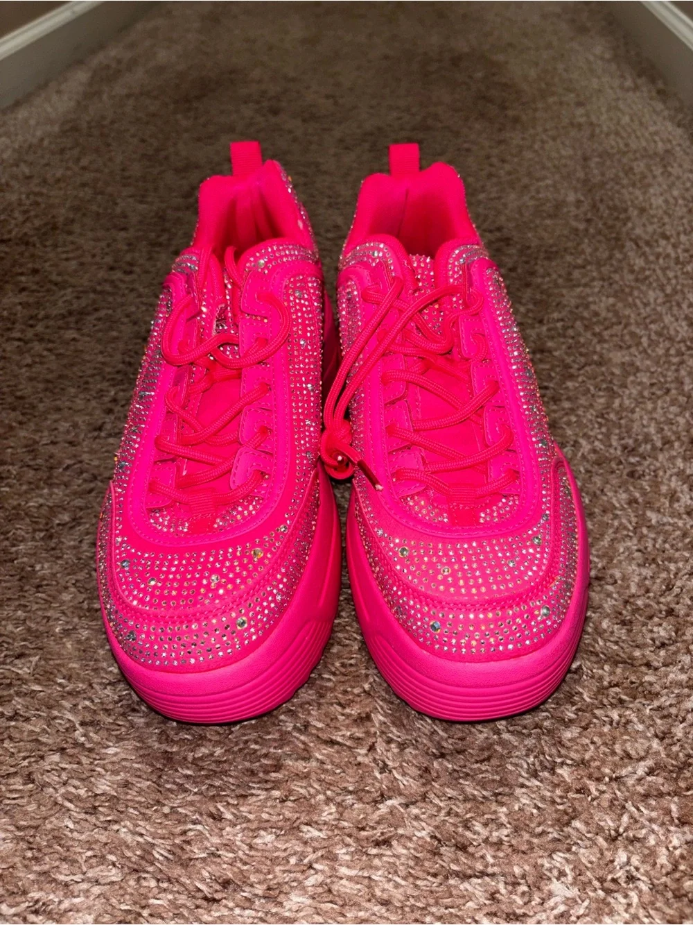 Neon Pink Rhinestone Platform Sneakers - Picture 2 of 6